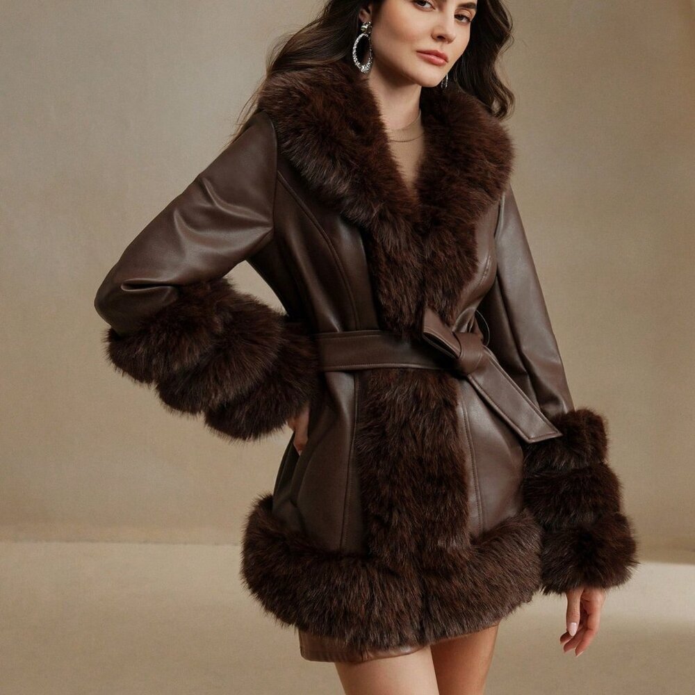 Coffee Brown Elegant Women's faux leather & faux fur Jacket
